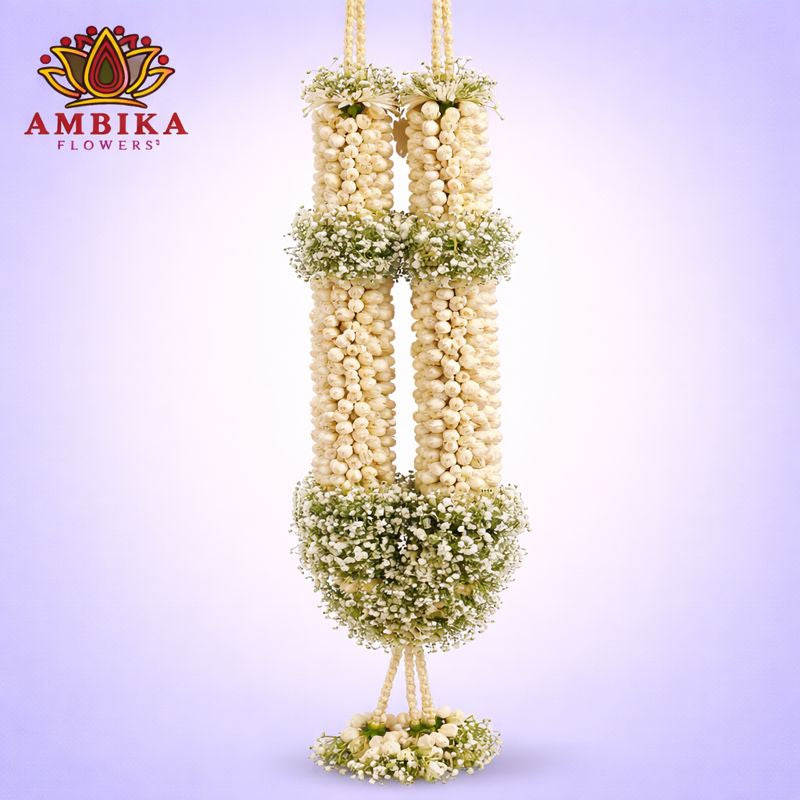 Wedding Garland Set - Baby's-breath (Gypsophila) with White Nandiyavattam (Pinwheel) - WG08